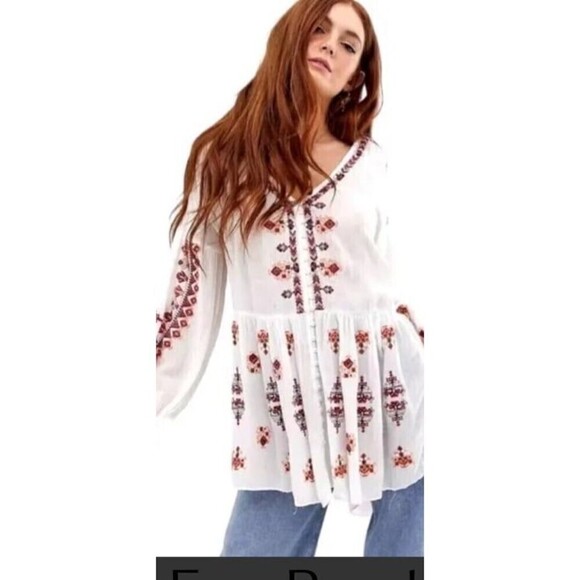 Free People Womens Tunic Size M White V-Neck Button Up Long Sleeve Embroidered - Picture 3 of 10